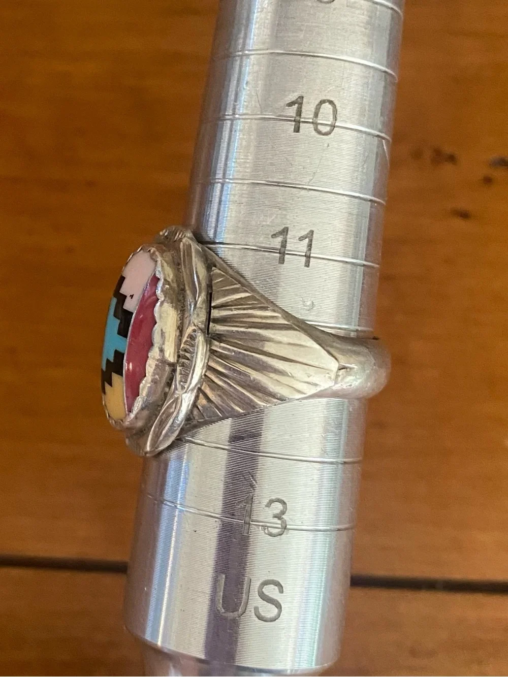 Vintage Native Sterling Silver Mosaic Multi Gemstone Inlay Men's Ring size 12